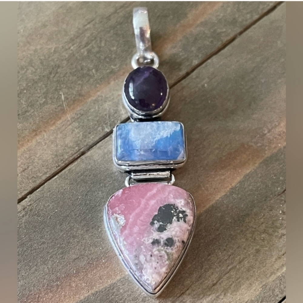 Rhodonite, Rainbow Moonstone, Amethyst Gemstone Long 2.5” Boho Silver Pendant - Picture 7 of 11